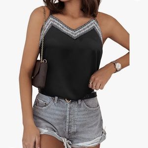 BLENCOT Summer V Neck Strappy Embroidery Tank Tops Loose Casual Sleeveless Shirt